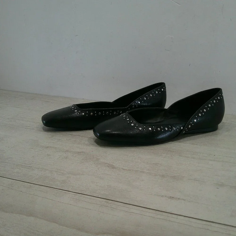 Naturalizer Black Leather D'Orsay Square Toe Studded Cody 3 Ballet Flats SZ 7.5